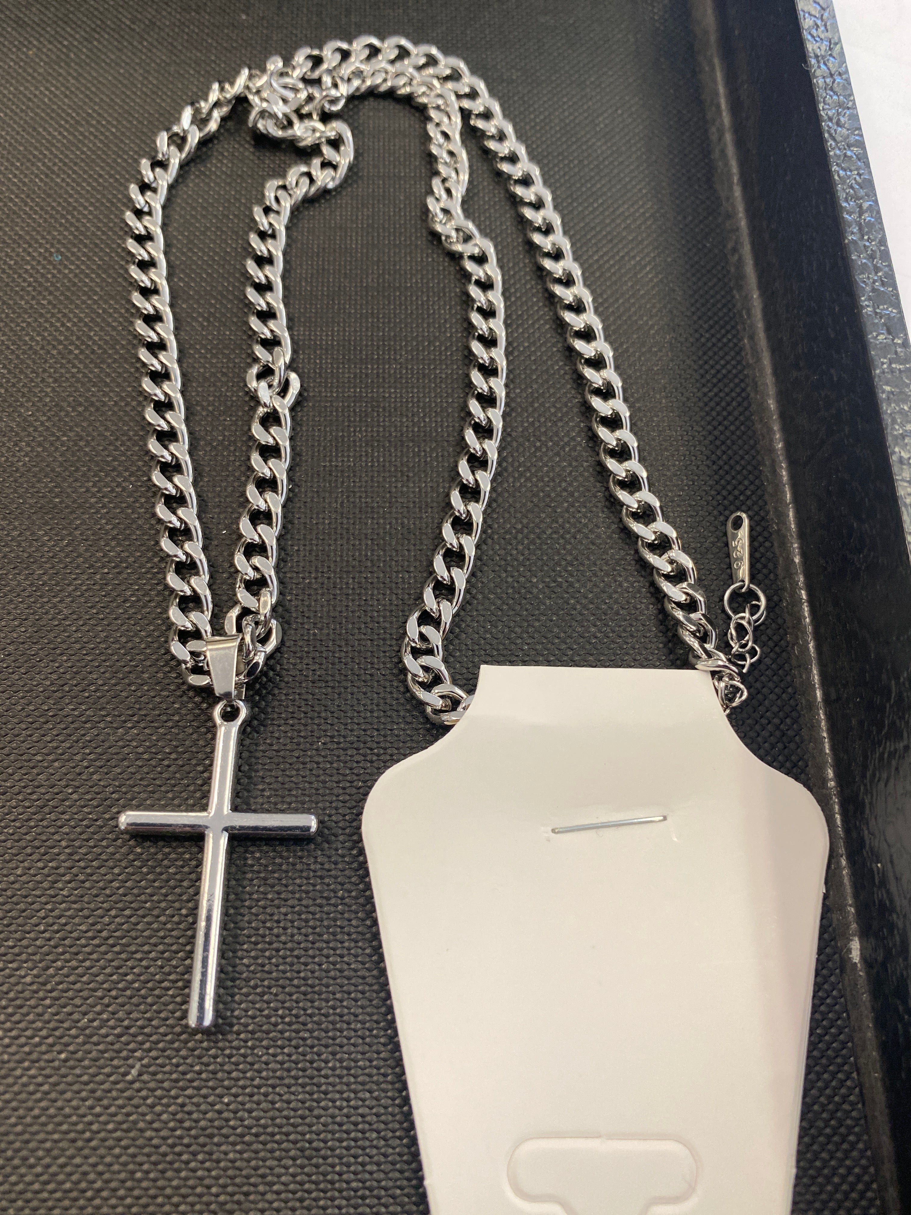 Cuban Link Chain Stainless Steel Silver Cross Necklace