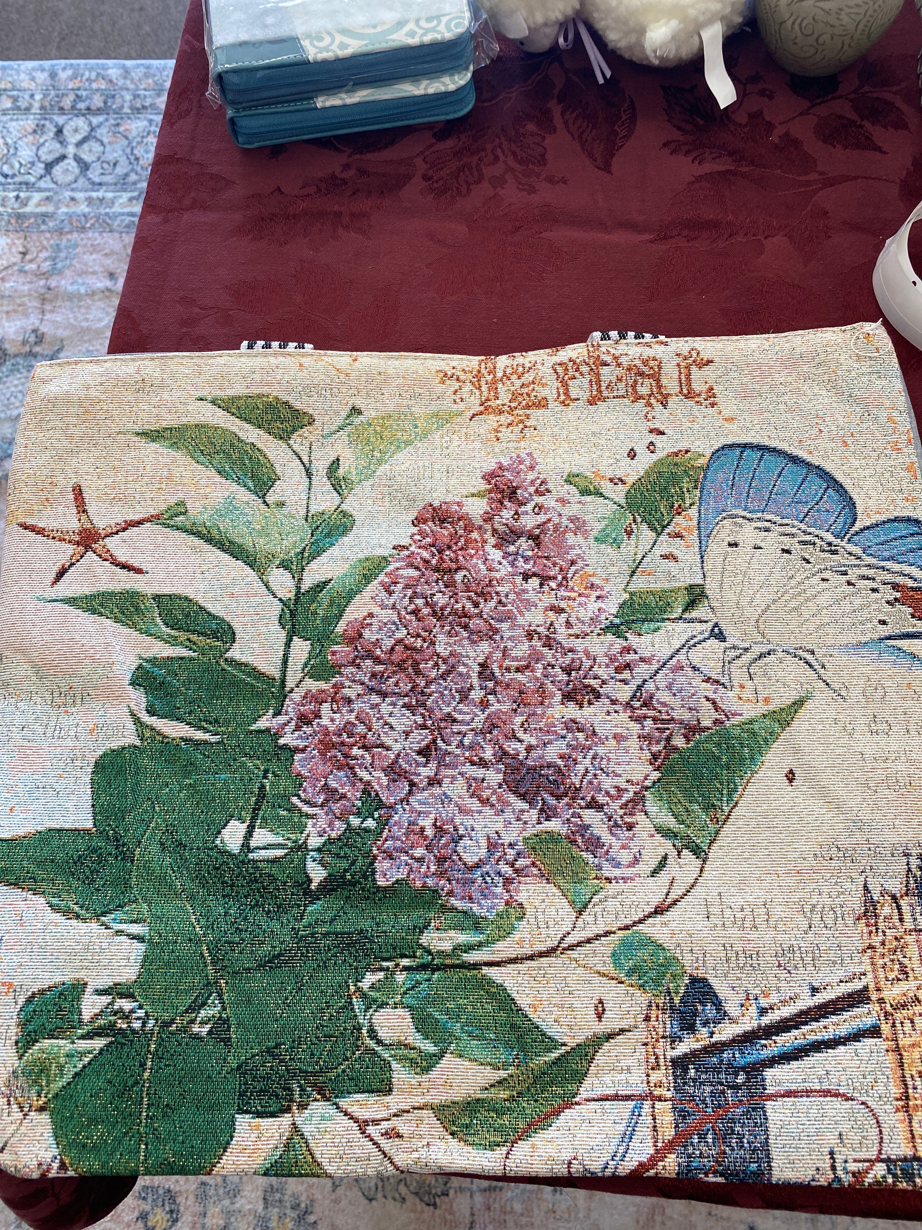 Vintage Floral Canvas Tote Bag (Green Leaves and Purple Flowers)