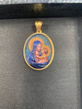 Madonna And Child Stainless Steel 18k Gold Plated Enamel Oval Pendant