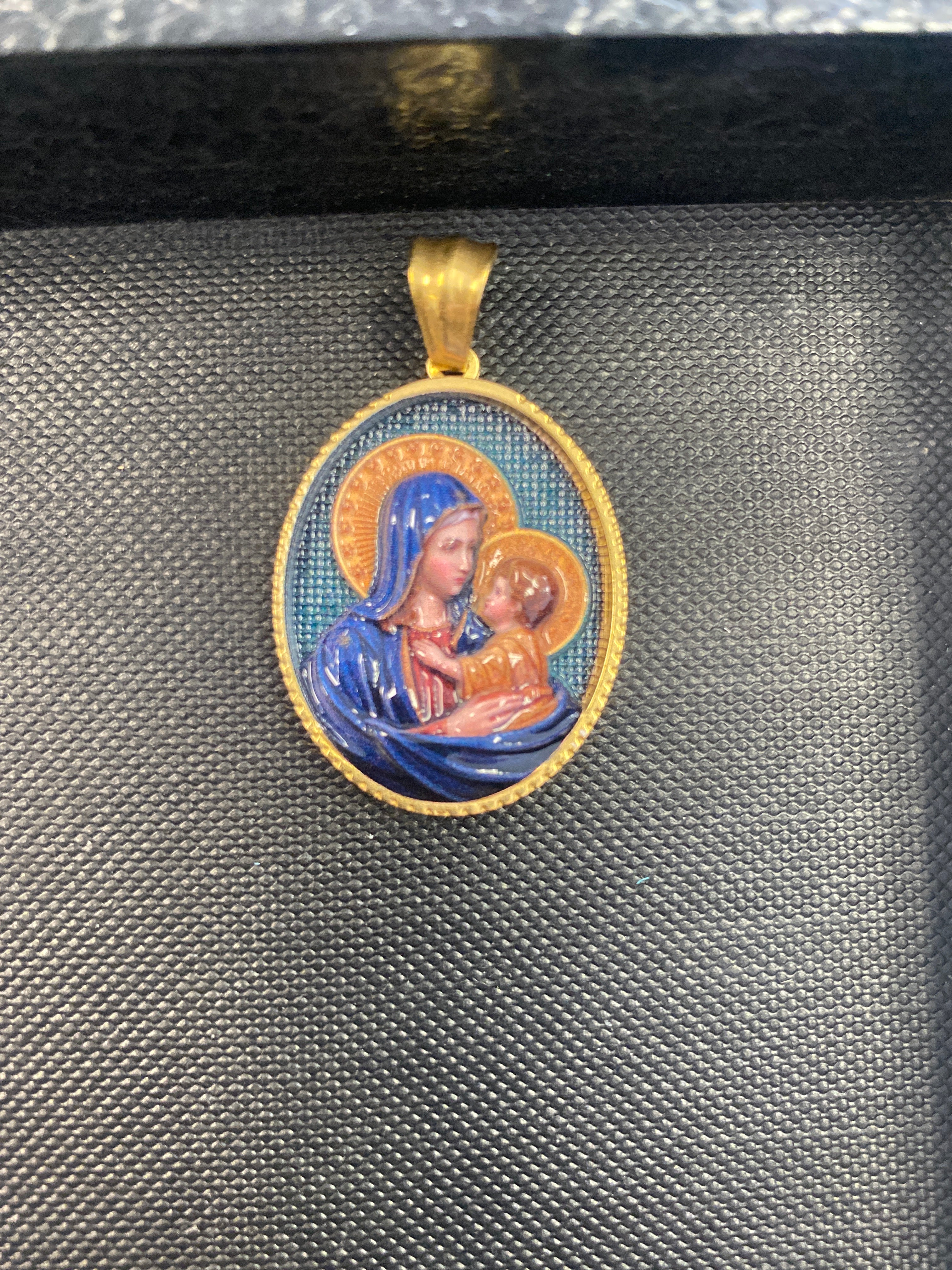 Madonna And Child Stainless Steel 18k Gold Plated Enamel Oval Pendant