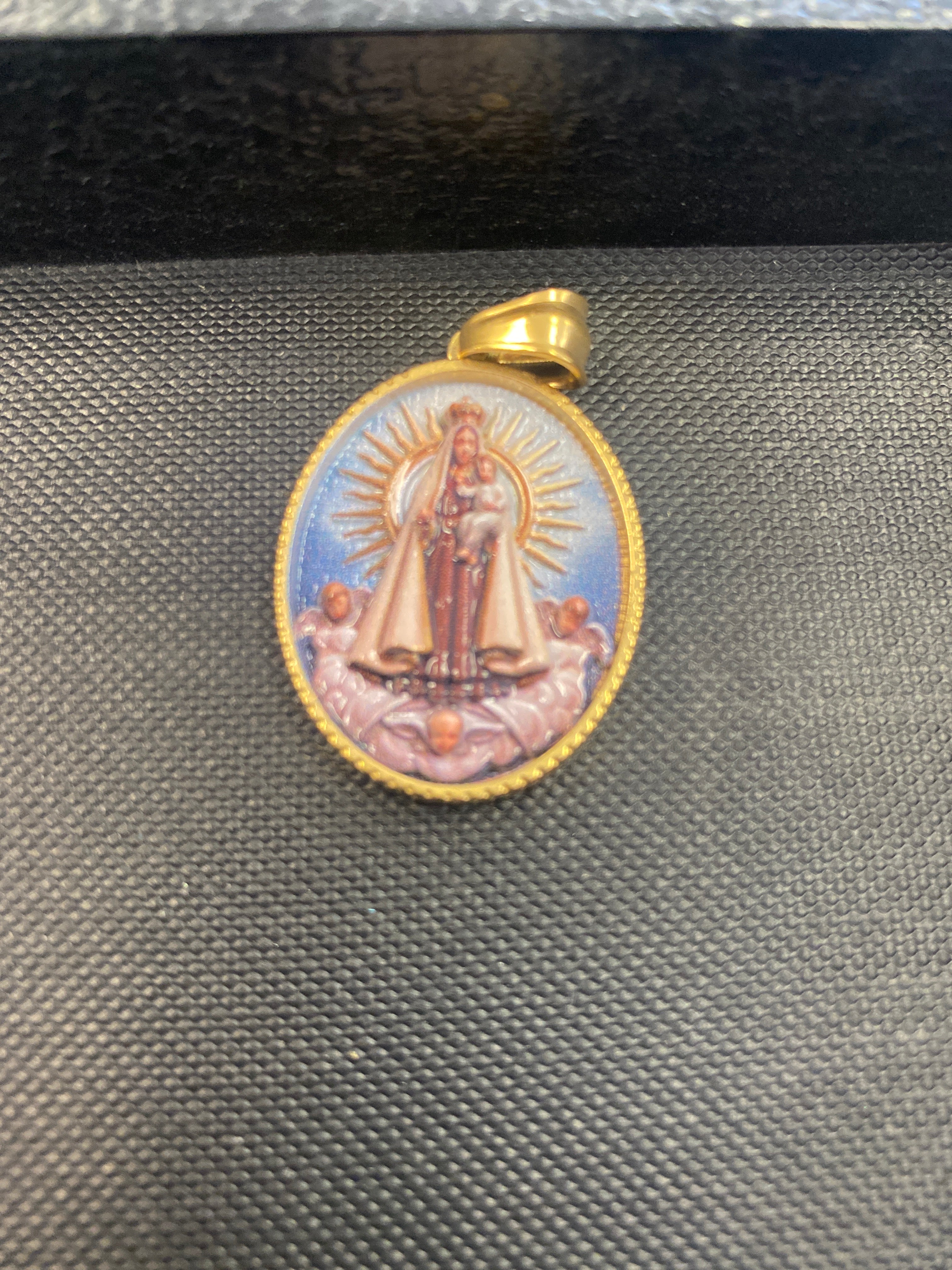 Our Lady Of Charity Stainless Steel 18k Gold Plated Enamel Oval Pendant