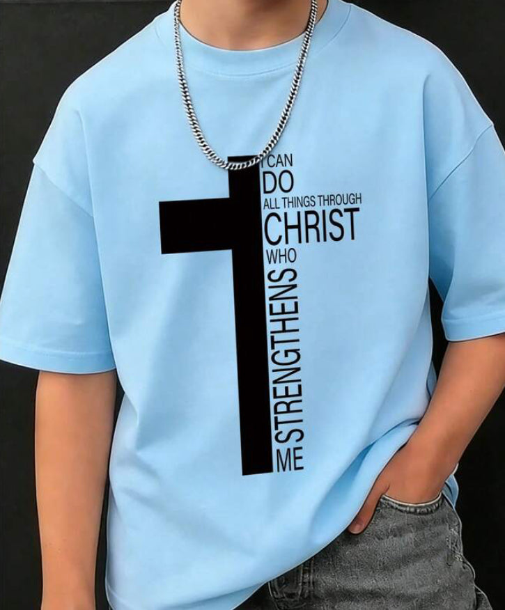 Tween Boys I Can Do All Things Through Christ Baby Blue T-Shirt