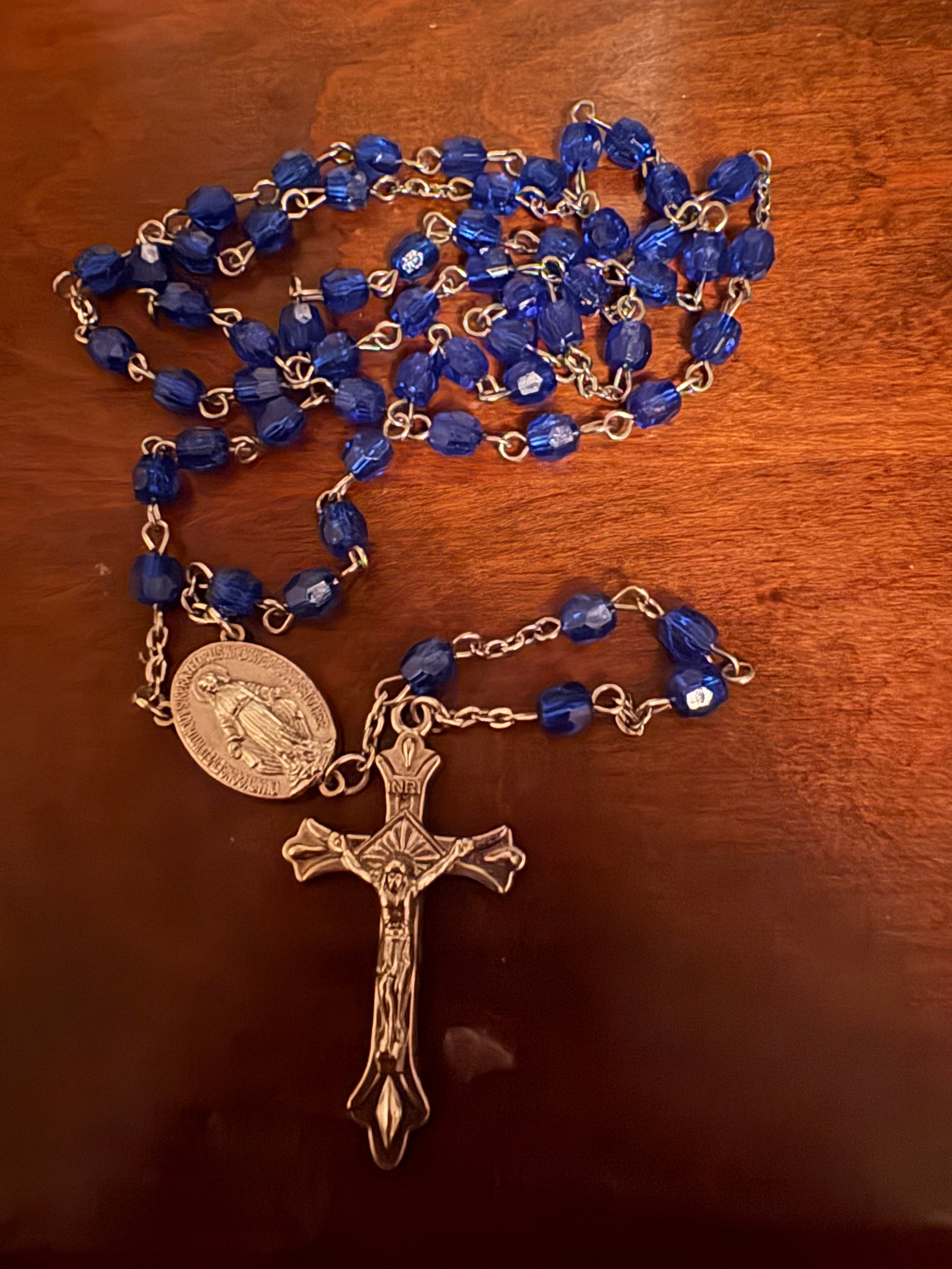 Blue Rosary with Miraculous Mary Medal centerpiece and silver toned crucifix