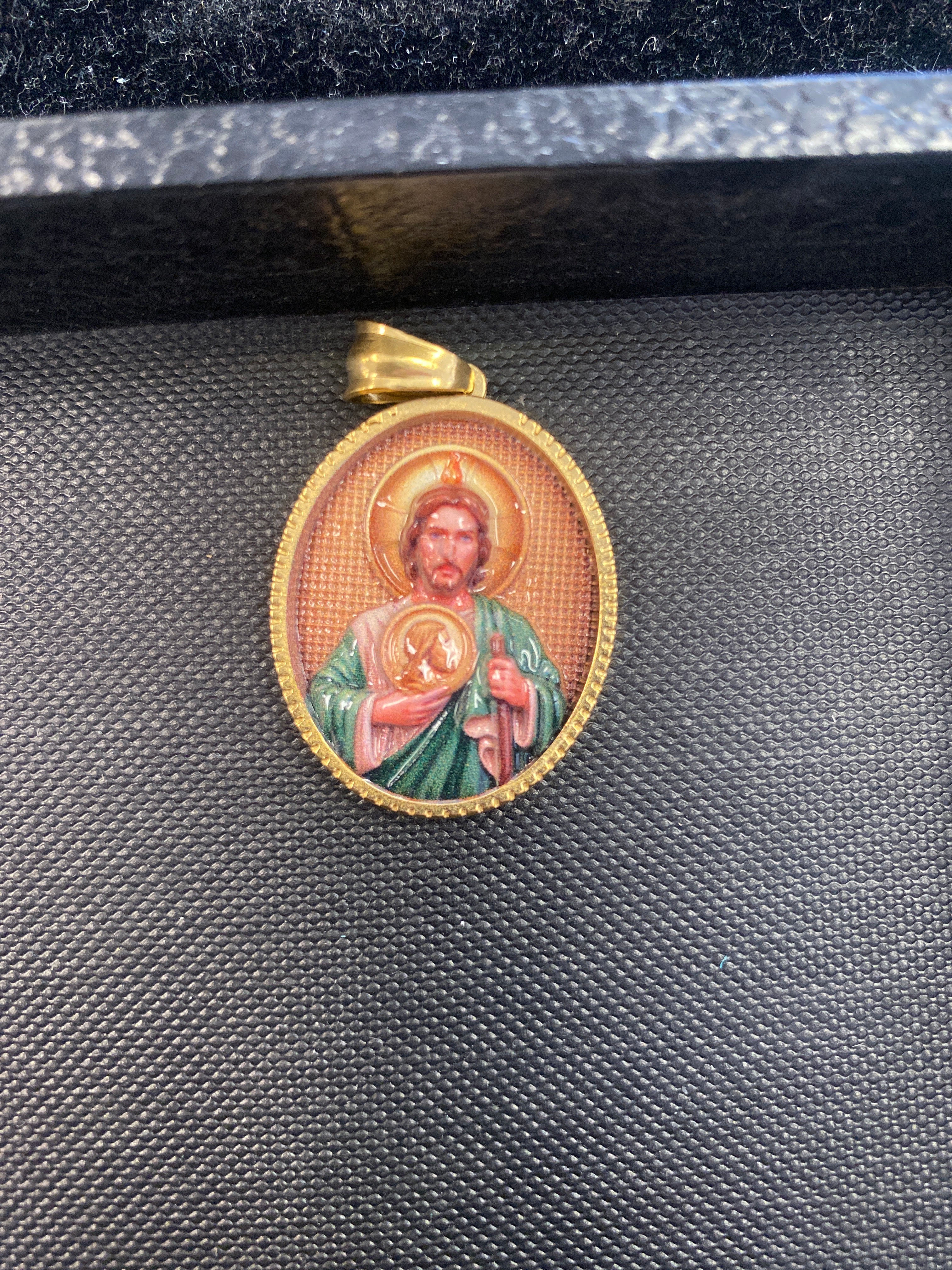 Saint Jude Thaddeus Stainless Steel 18k Gold Plated Enamel Oval Pendant