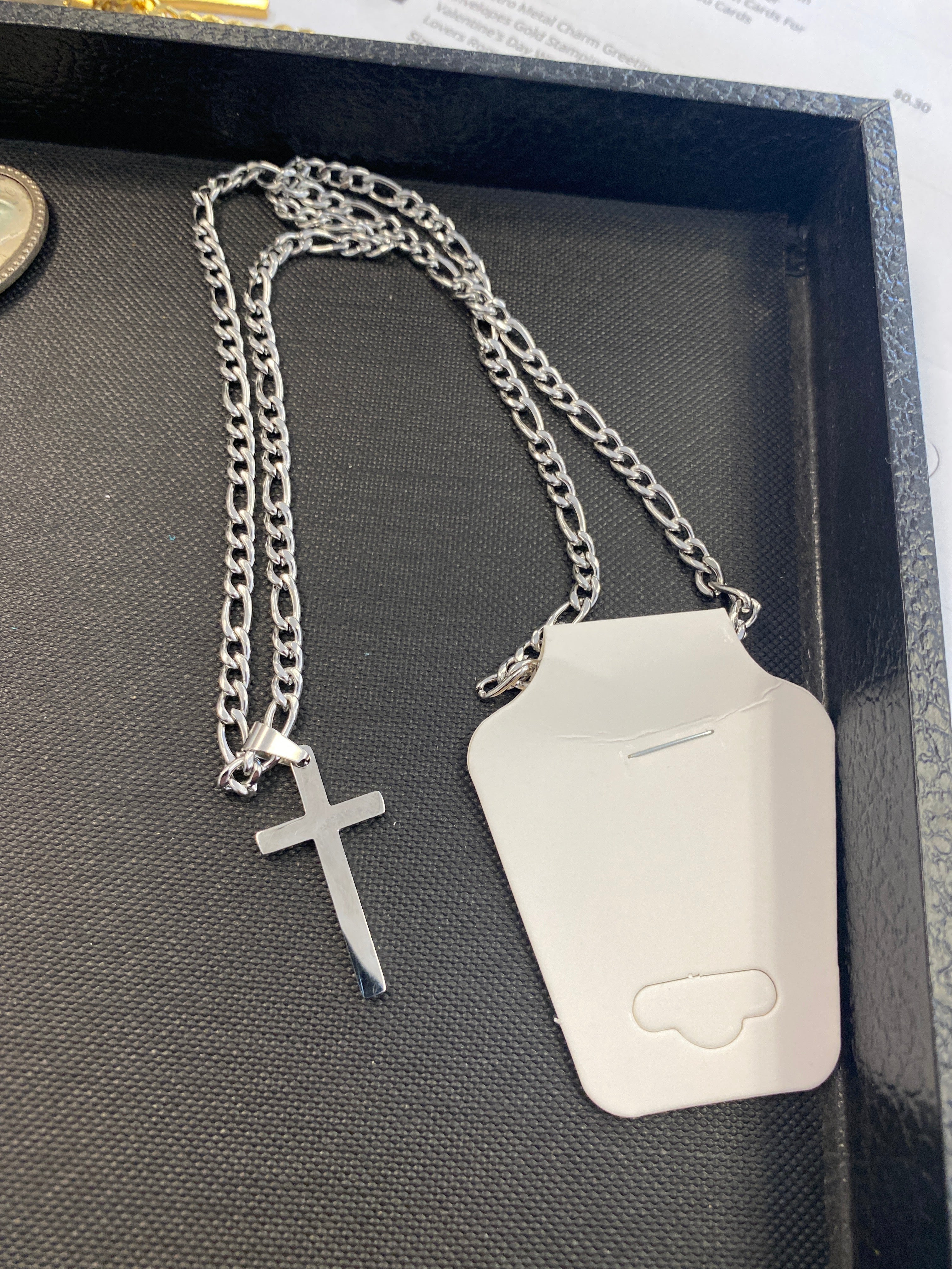 Figaro Link Stainless Steel Silver Cross Chain Necklace