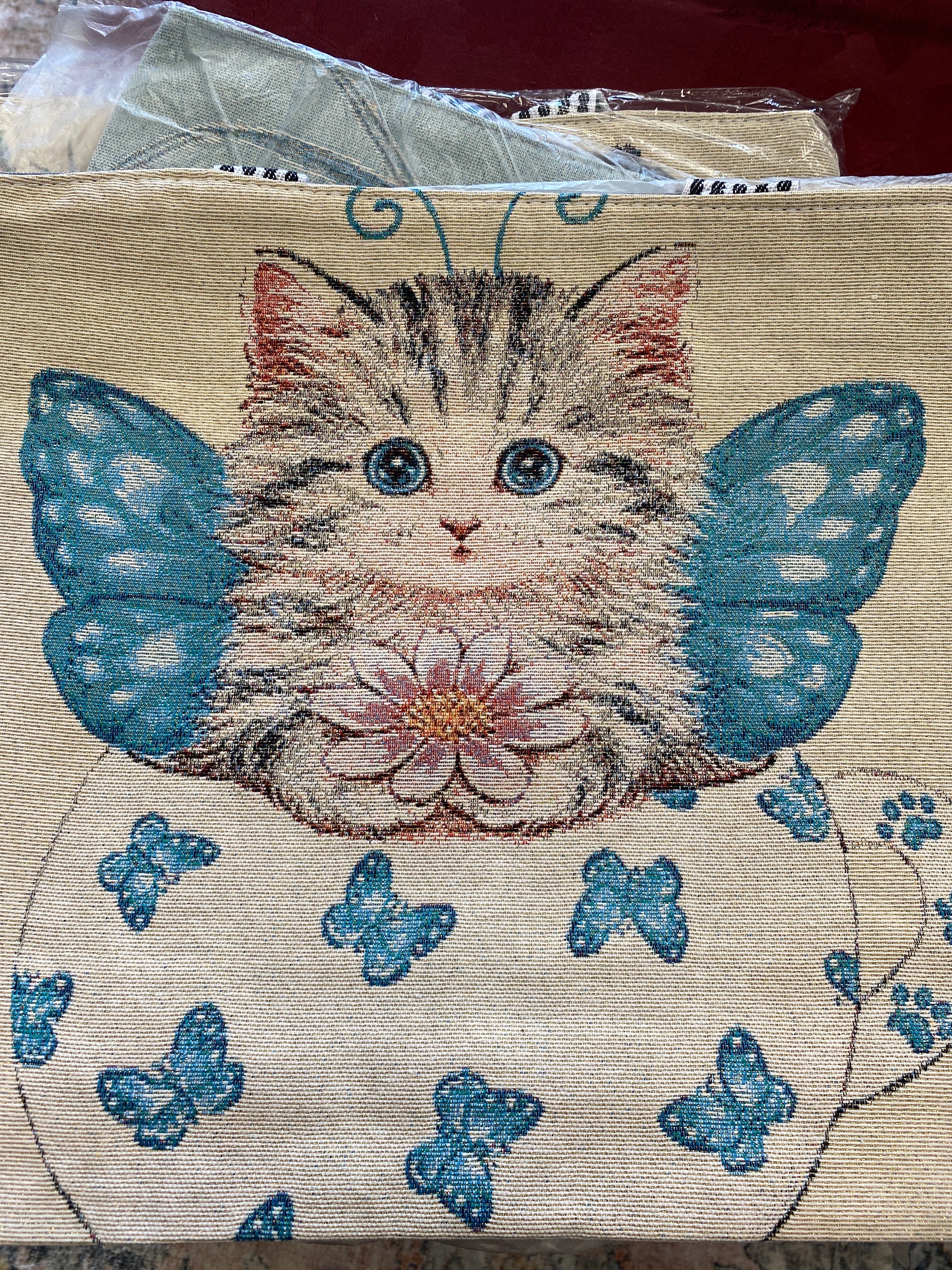 Vintage Floral Canvas Tote Bag (Angel Cat)