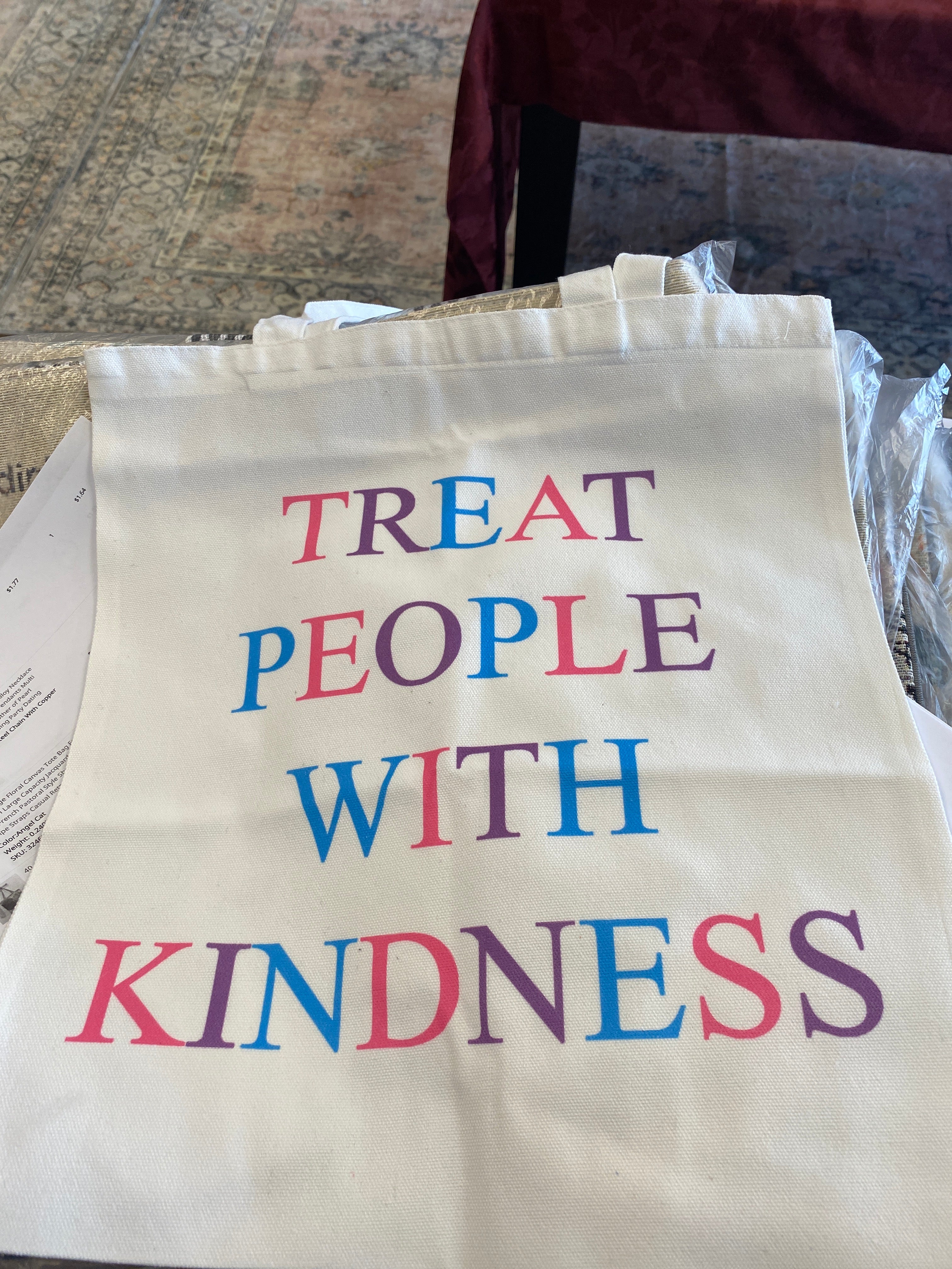 Treat People With Kindness Canvas Tote Bag Women Large (pink,purple,blue large writing)