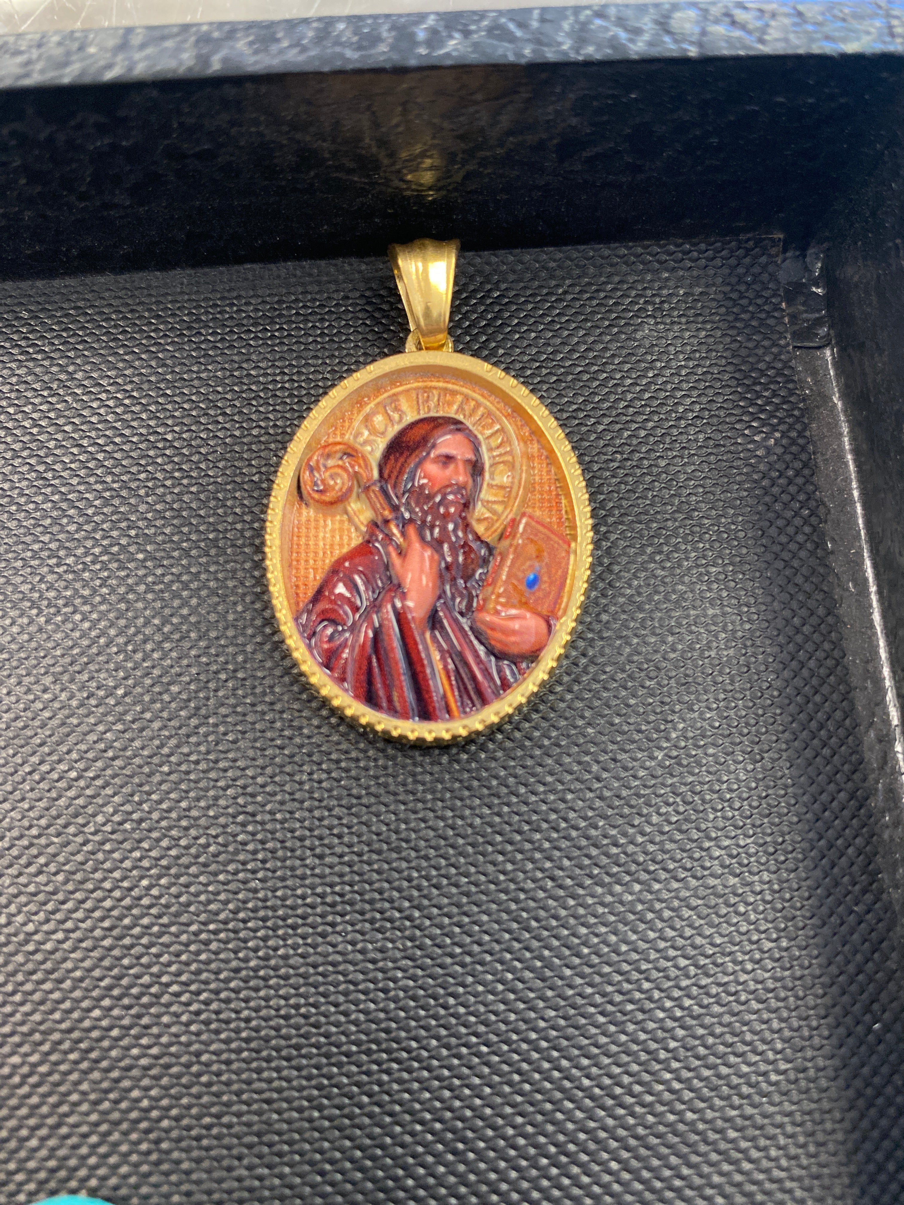 Saint Benedict Stainless Steel 18k Gold Plated Enamel Oval Pendant