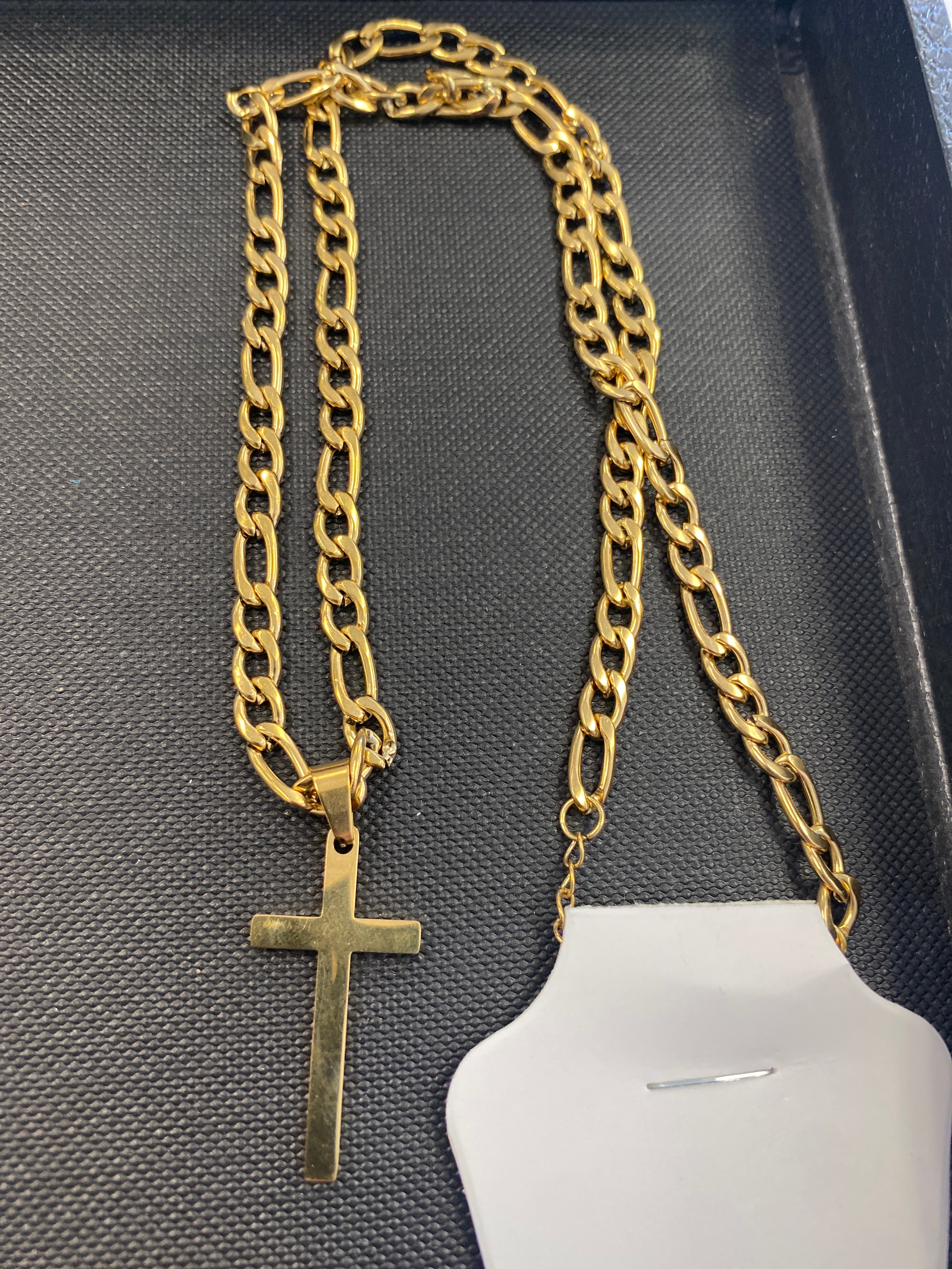 Figaro Link Stainless Steel Gold Cross Chain Necklace