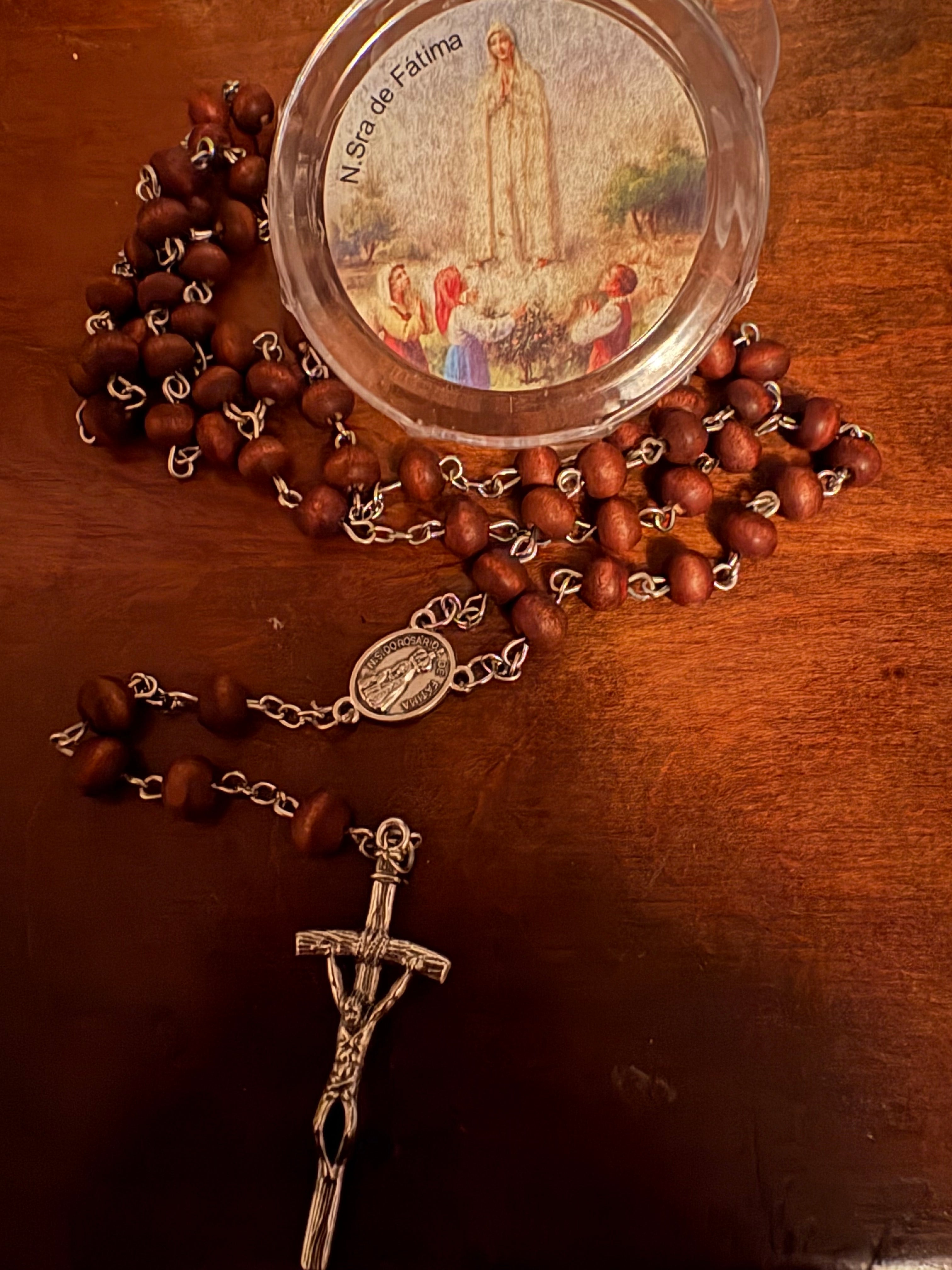 Fatima Scented Wooden Rosary with silver tone crucifix and Fatima centerpiece