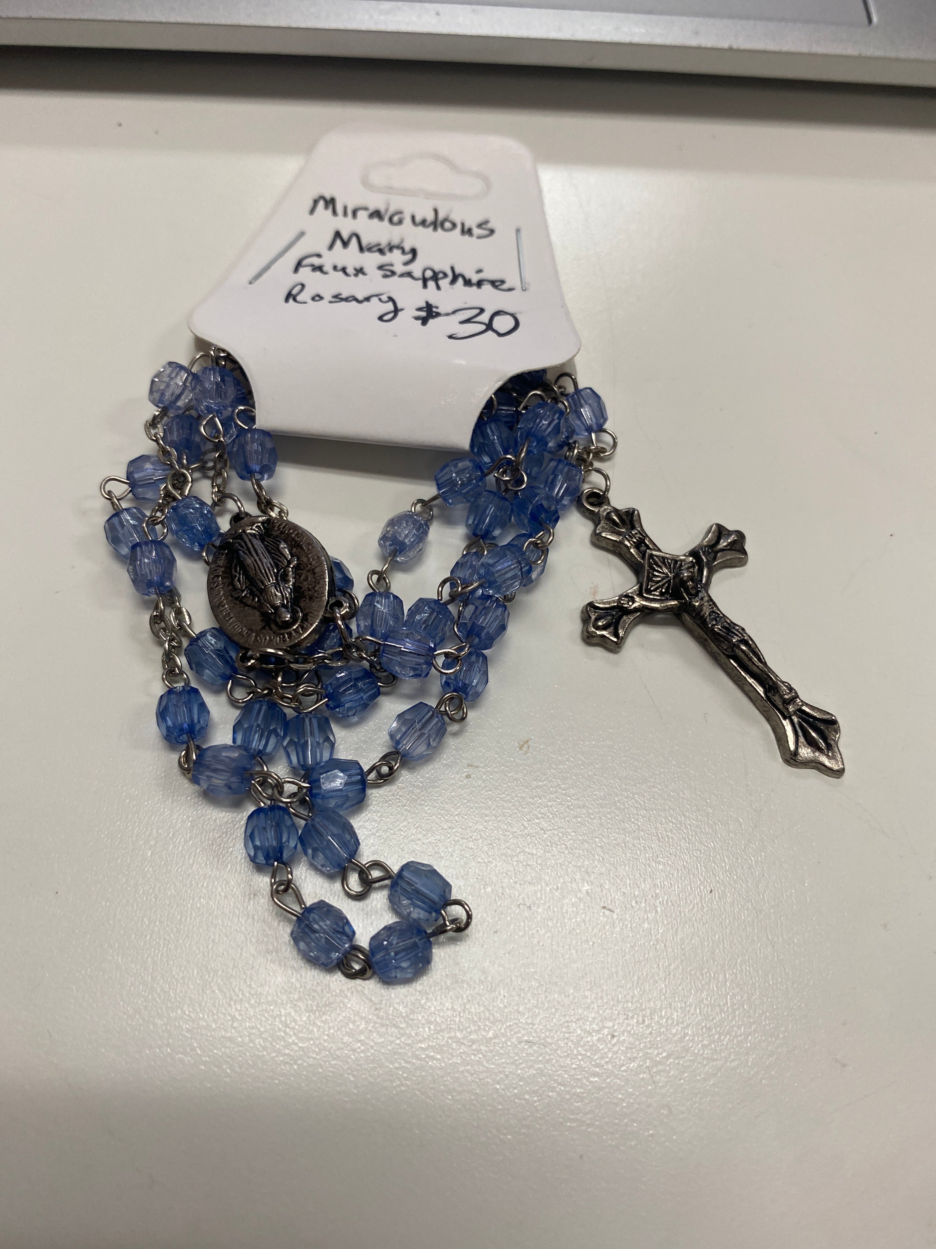 Miraculous Mary Faux Sapphire Rosary