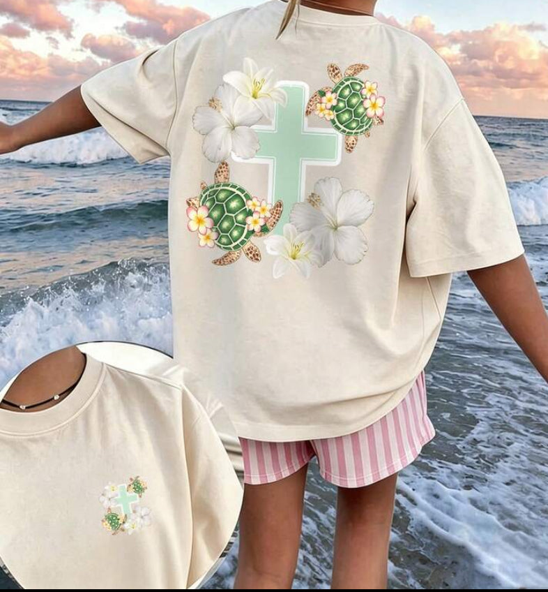 Tween Girls Cross and Turtles Apricot T-Shirt