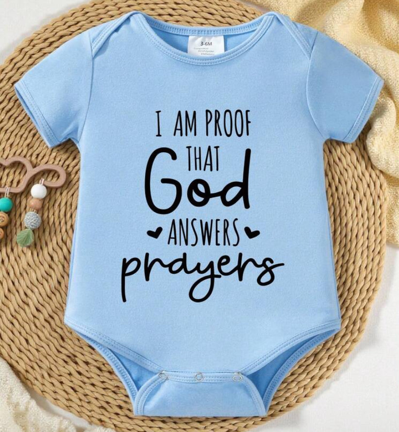 Baby Boy God Answers Prayers Onesie BLUE Size 3-6 Months