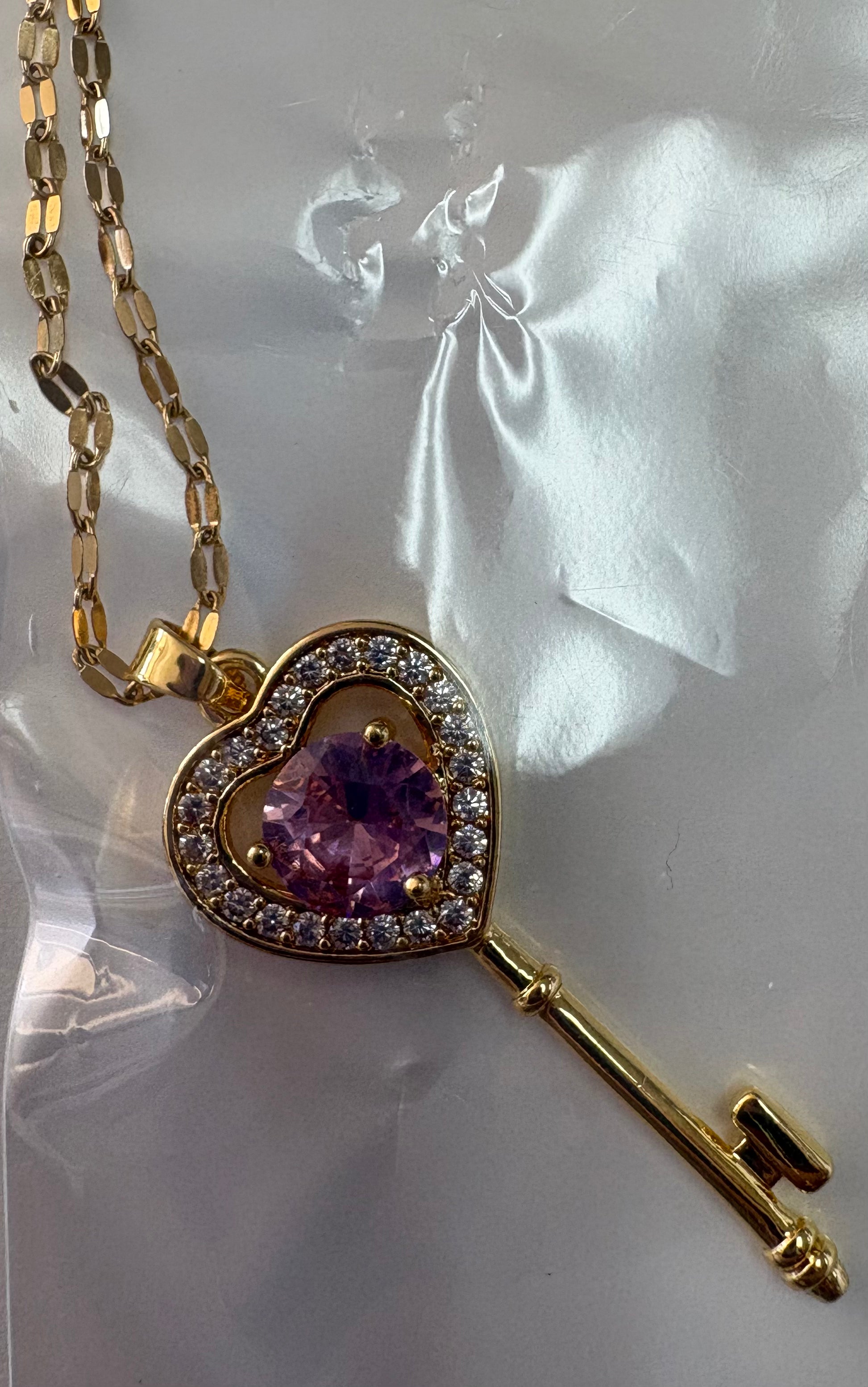 Luxury Gold Plated Alloy Pink Heart Key Pendant Necklace