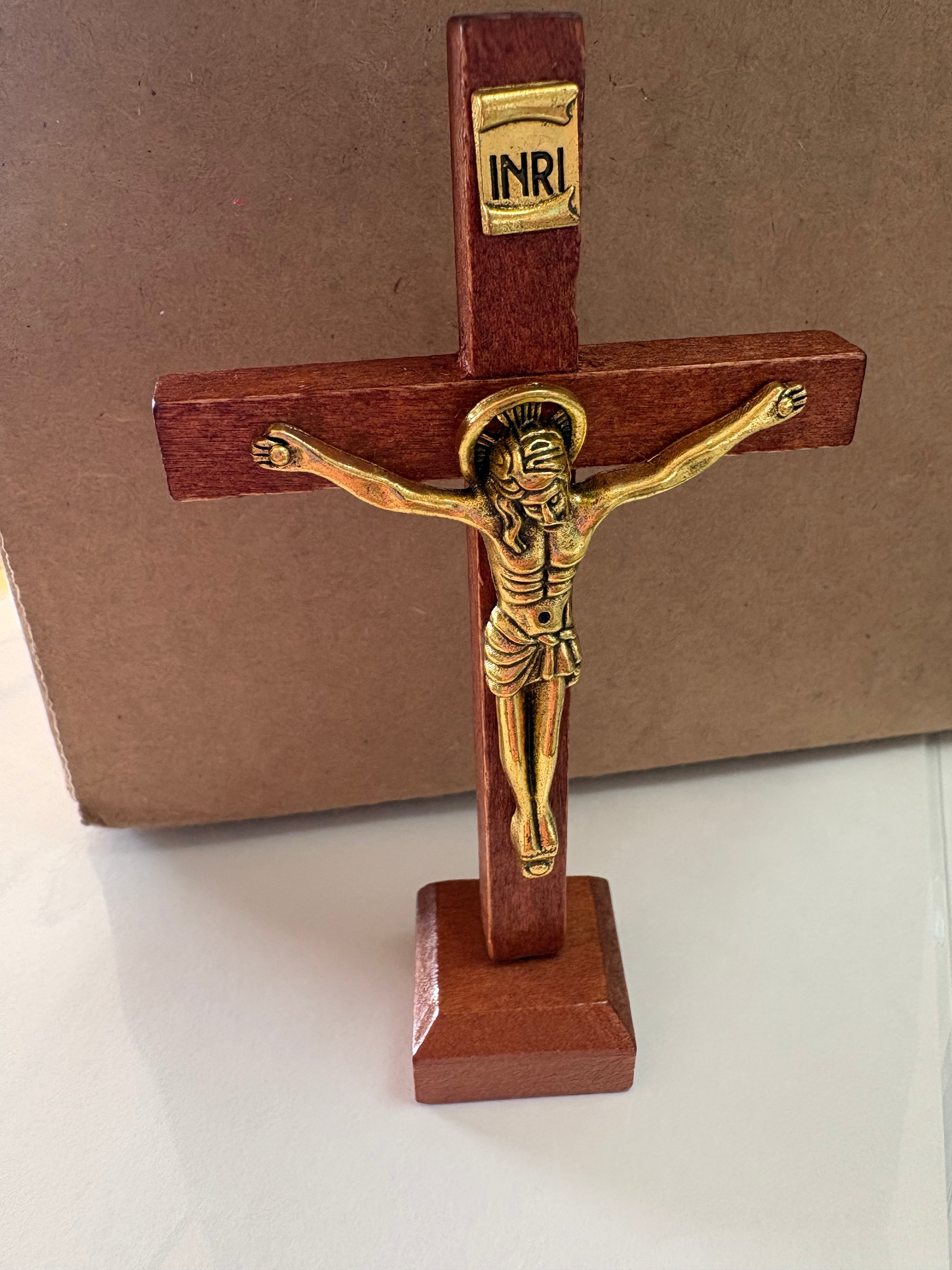 Table top 4" Sacred Heart Southern Mission Wood Crucifix