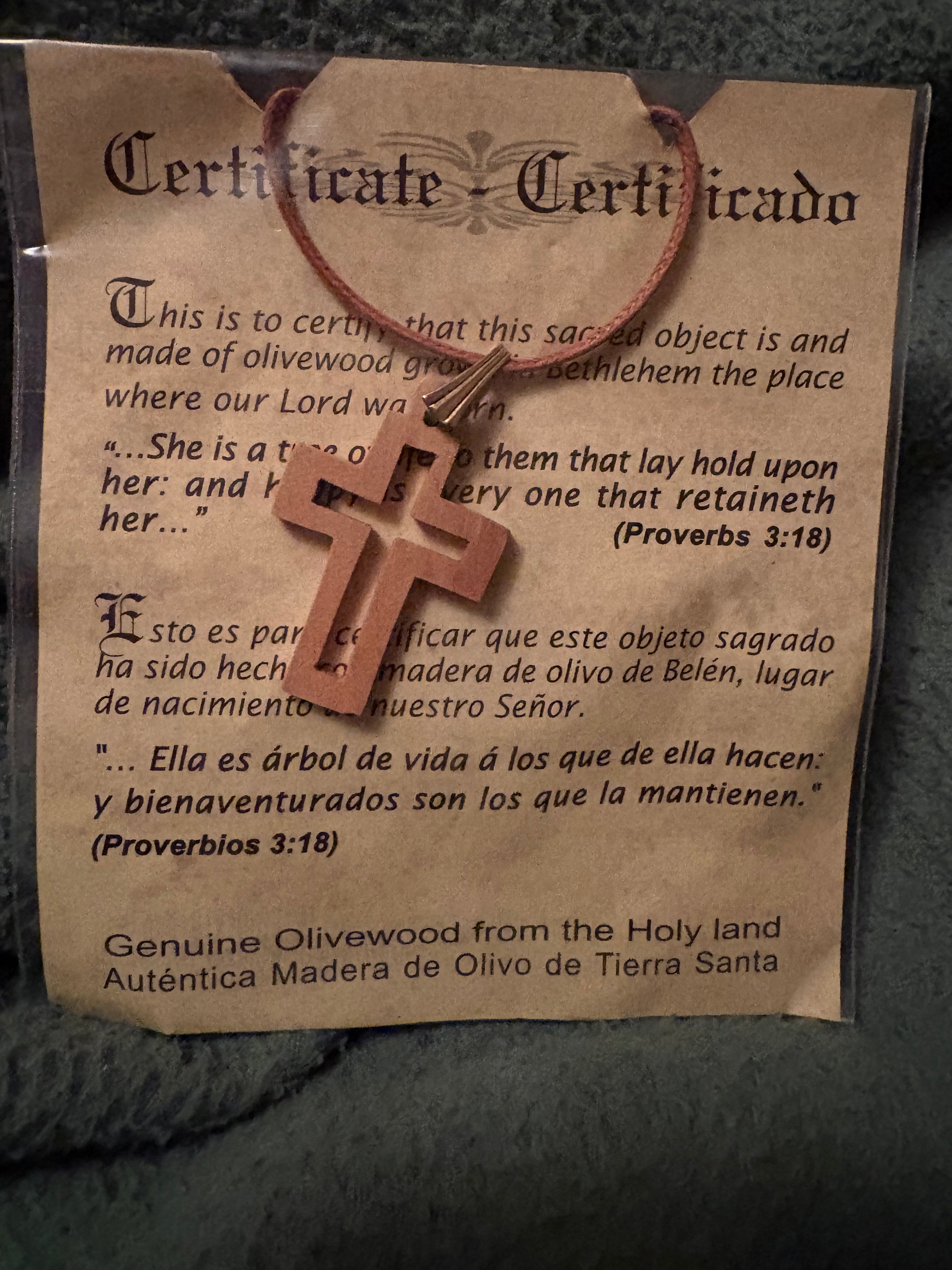 Olive Wood Cross on cord with COA