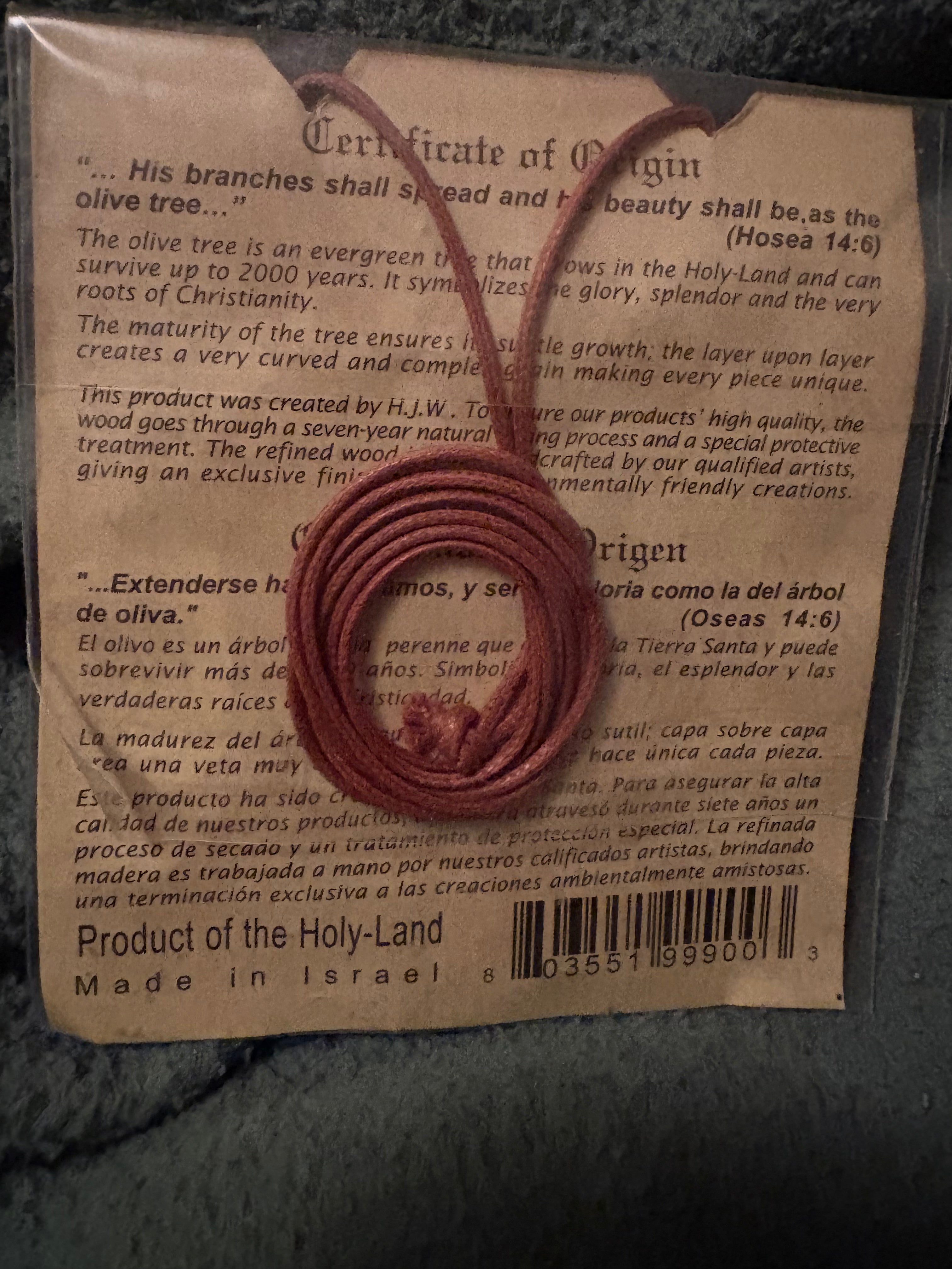 Olive Wood Cross on cord with COA