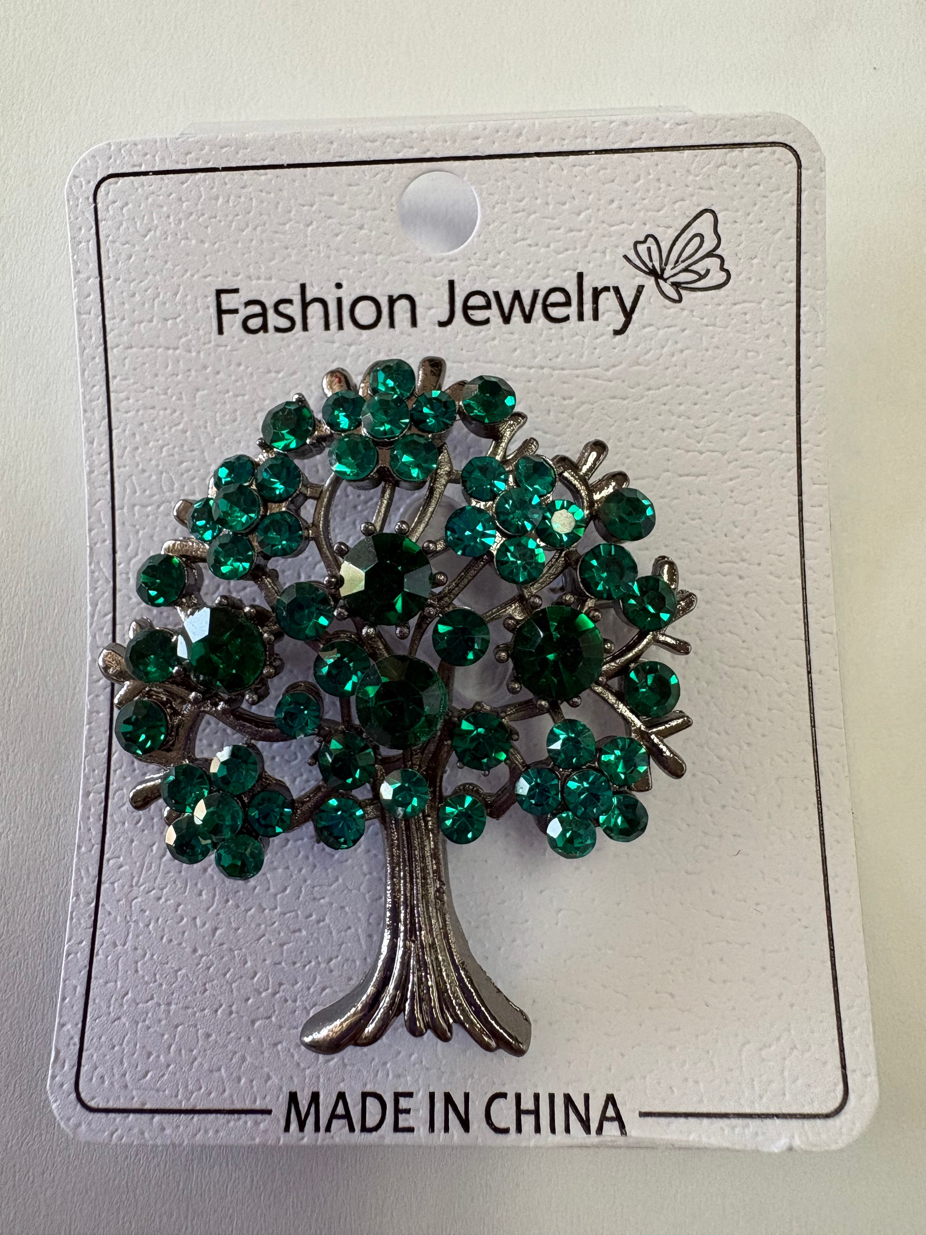 Tree of Life Rhinestone Pin Green