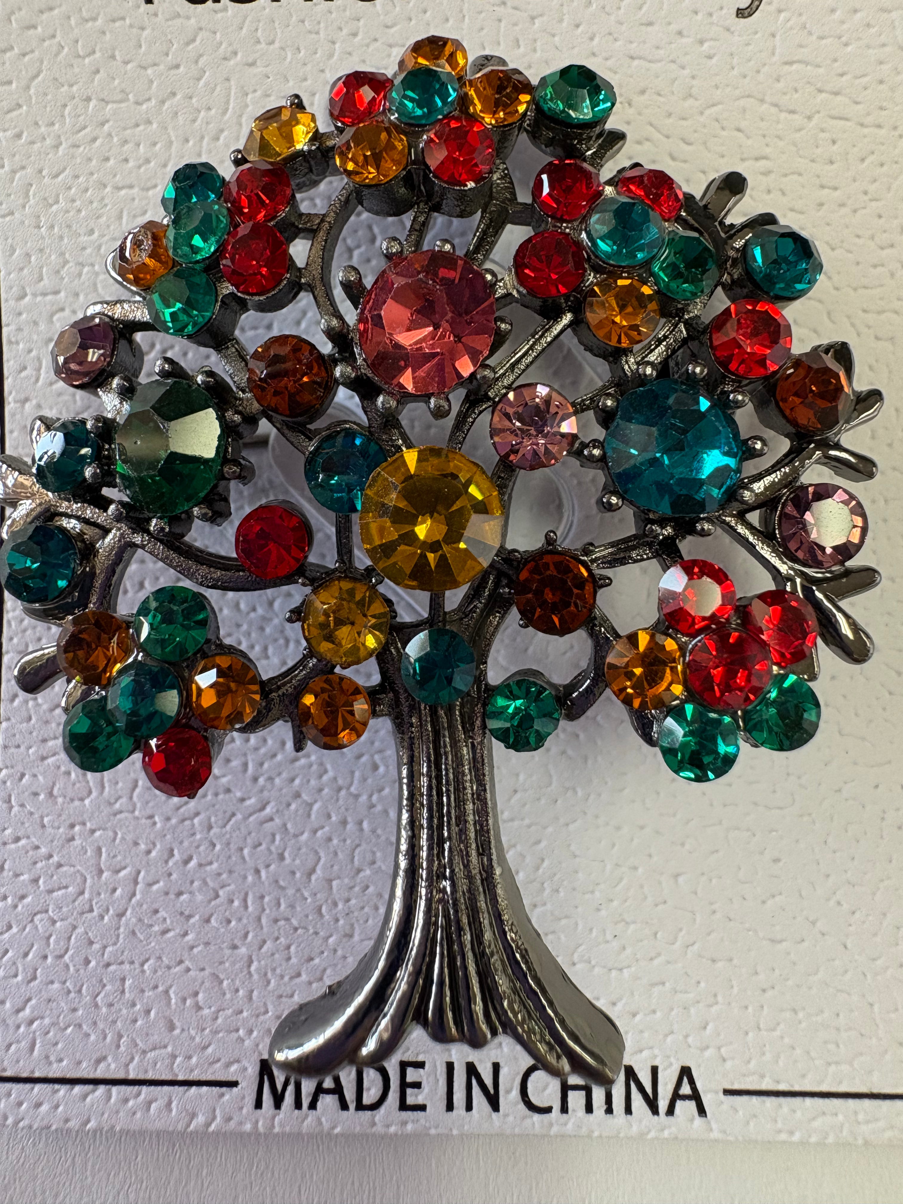Tree of Life Rhinestone Pin Multi-color